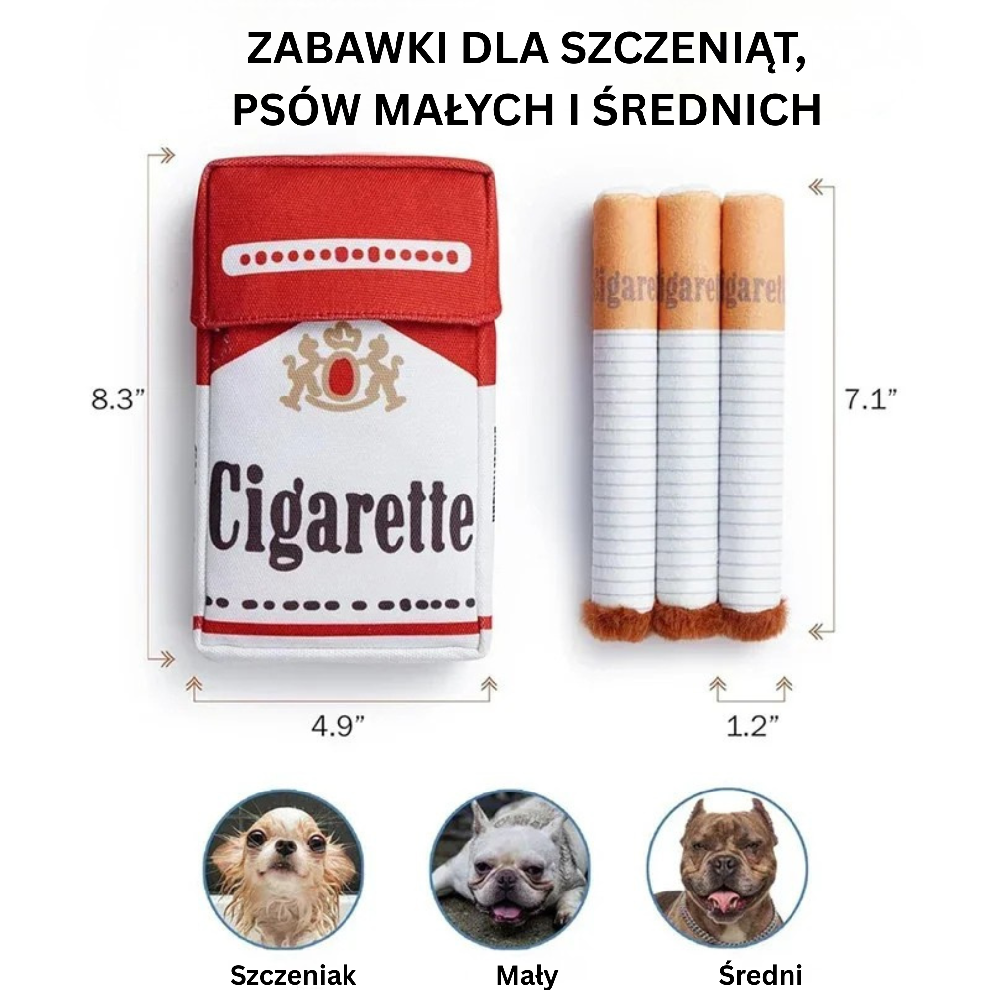 Pluszowa paczka papierosów dla psa – piszcząca zabawka, 15 cm, biało-czerwona