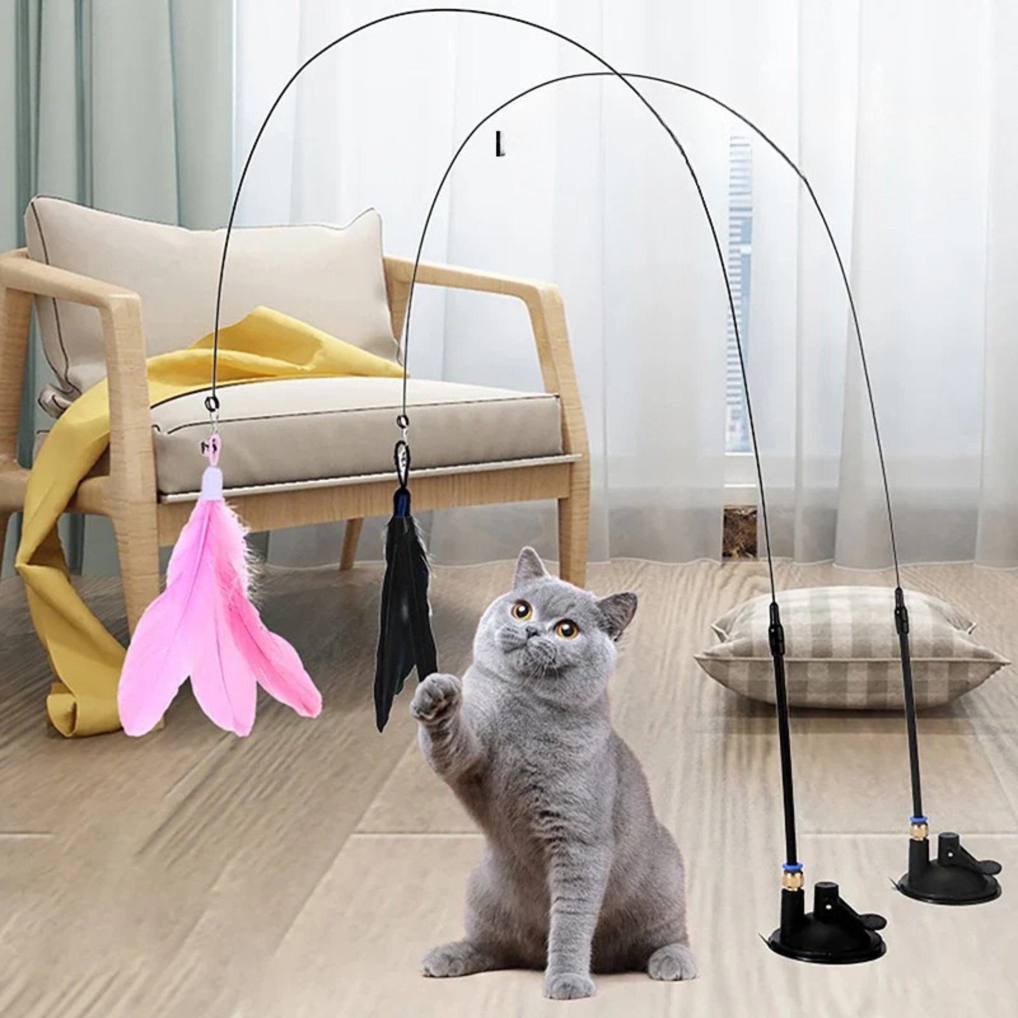 Kocie Zabawki z Piórami i Dzwoneczkiem – 80cm Wędka z Przyssawką