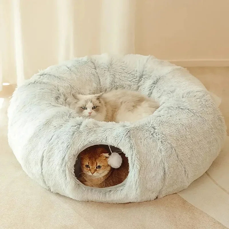 Donut Łóżko dla Kota z Tunel – Miękki Plusz, Ø95cm – Szary lub Beżowy