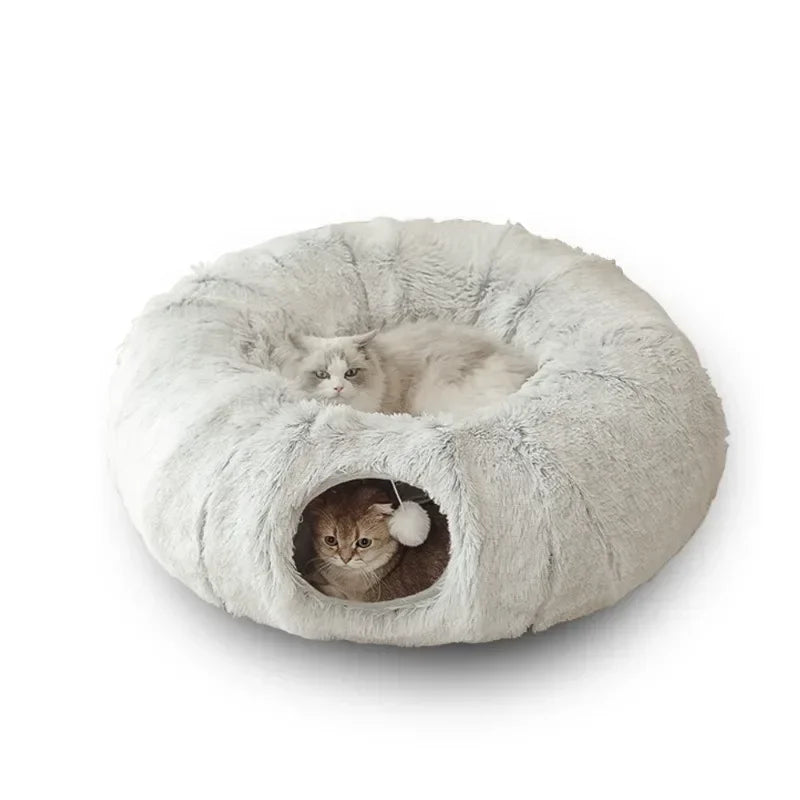 Donut Łóżko dla Kota z Tunel – Miękki Plusz, Ø95cm – Szary lub Beżowy