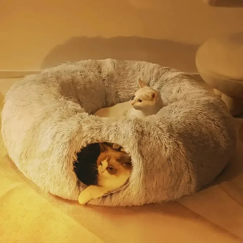 Donut Łóżko dla Kota z Tunel – Miękki Plusz, Ø95cm – Szary lub Beżowy