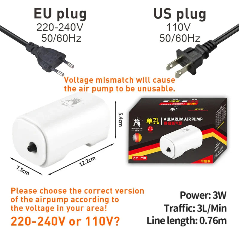 Akwariowa pompka powietrza 3W ultracicha – 3 l/min – tworzywo sztuczne – wtyczka EU